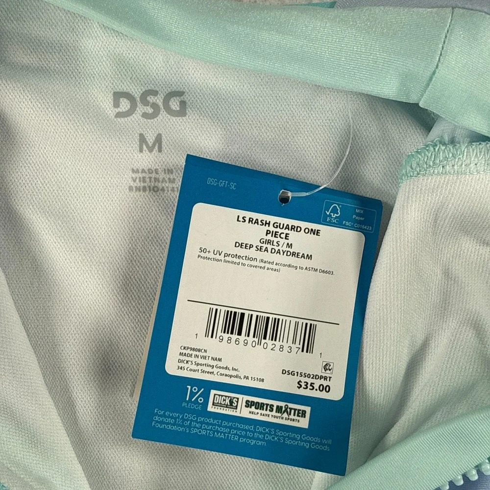 DSG Girls‎ Medium Aqua Blue Long Sleeve Rash Guard One Piece Swimsuit NWT
